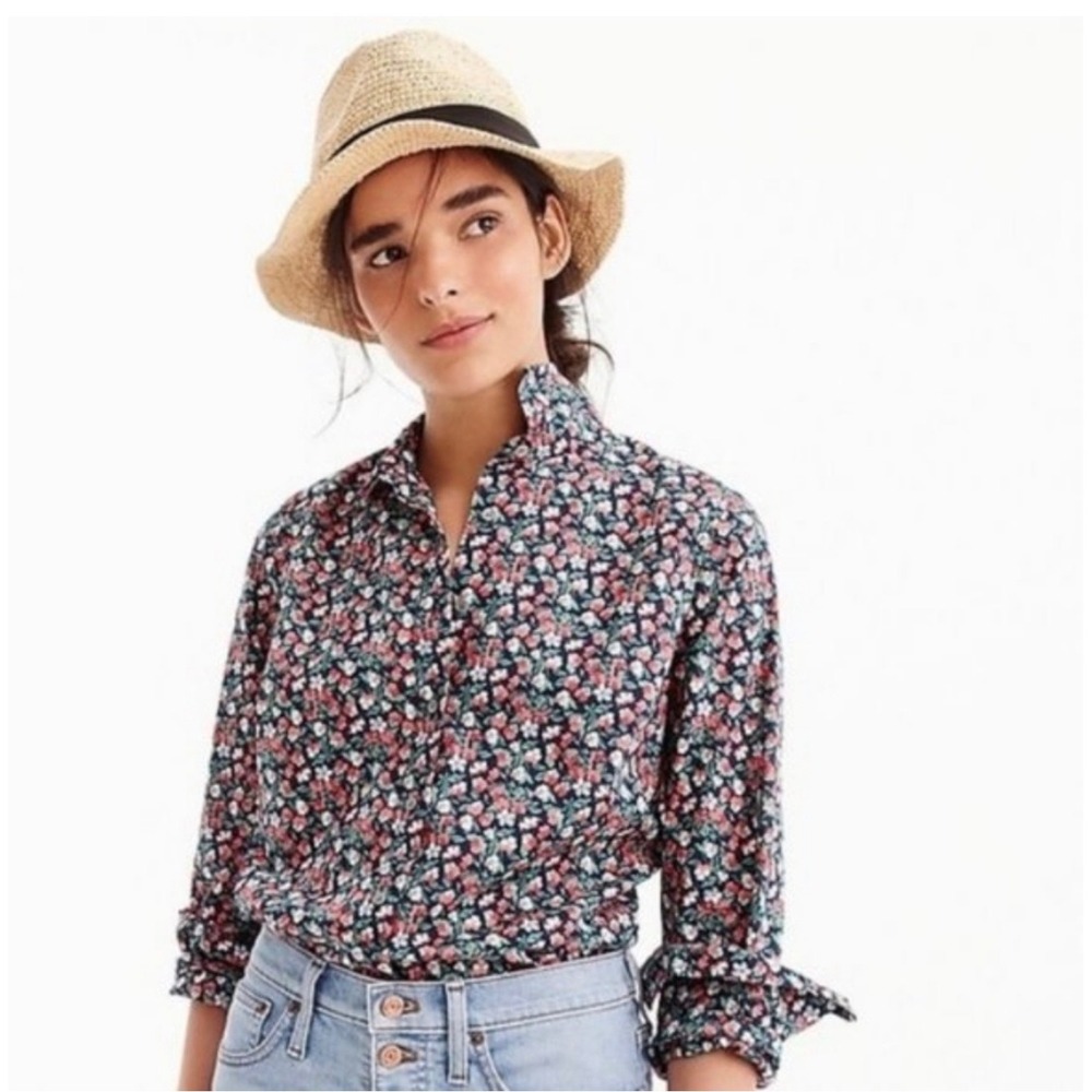 J.Crew Liberty Fabric Sarah Floral Button Down Shirt Womens 2 Navy Red H4632
